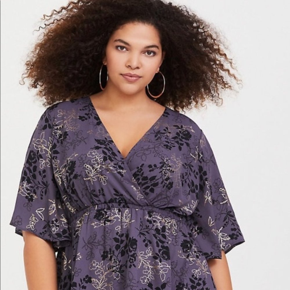 TORRID Purple Faux Wrap Floral Top Size 1X